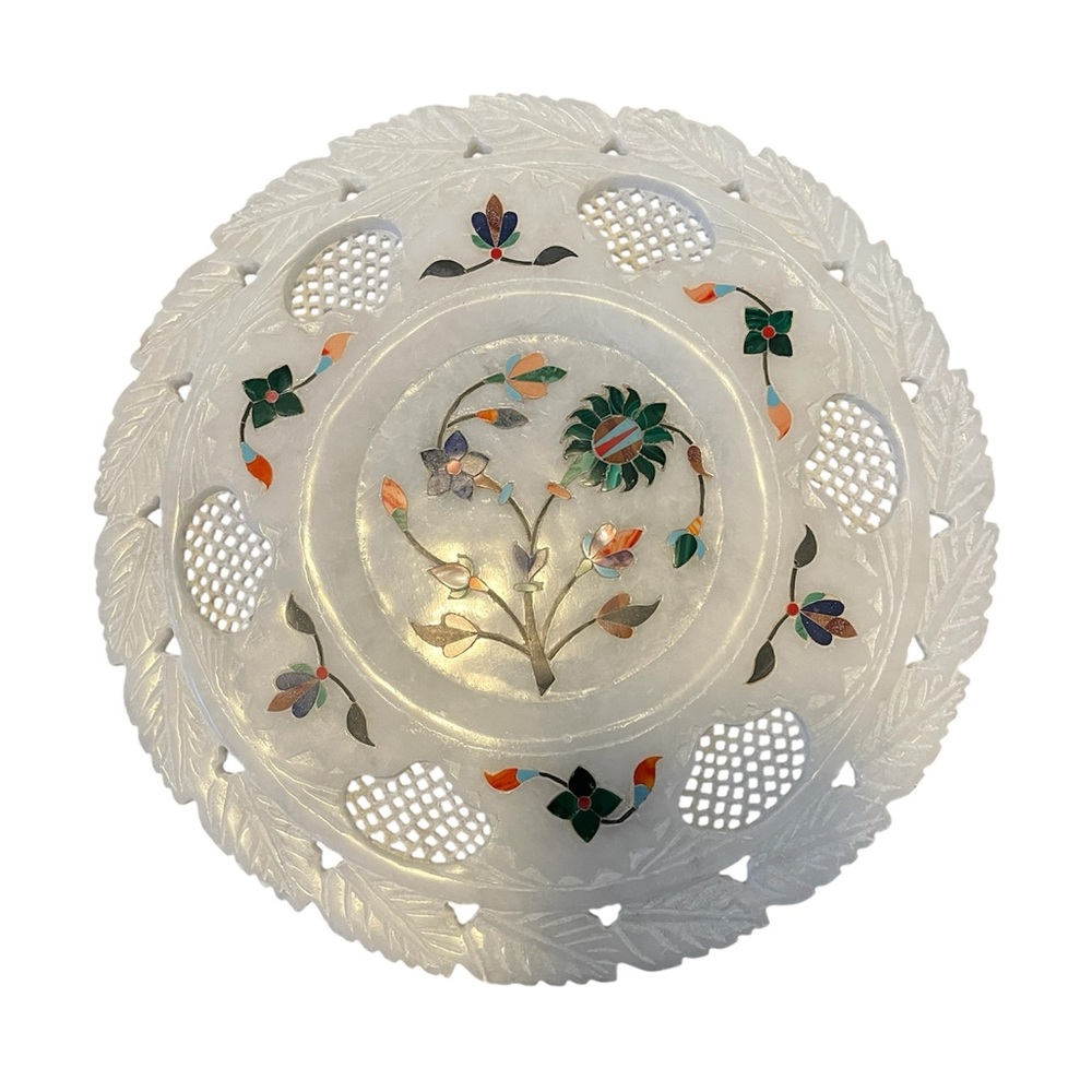 White Marble floral inlay decorative jali style handcrafted plate